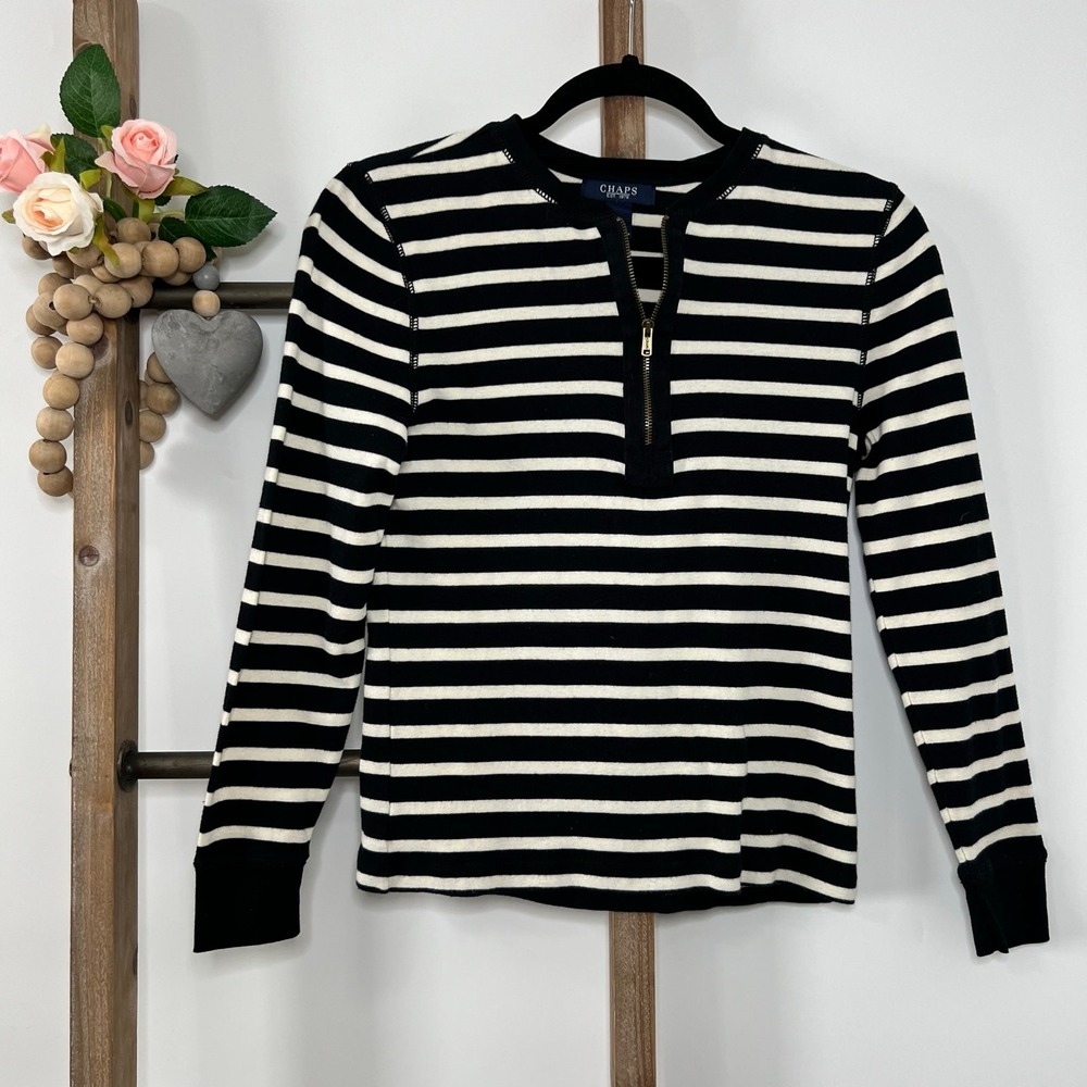 Chaps Womens Striped Quarter Zip Long Sleeve Top Black Cream Size Small